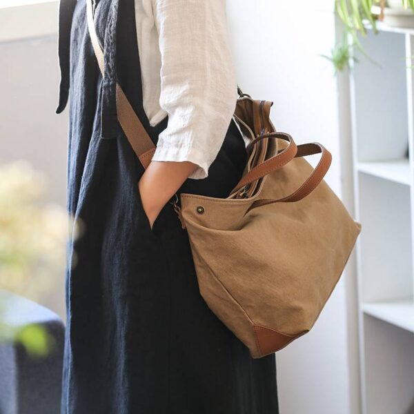 Kiyo Cotton Canvas Tote bag With Vegetable Tanned Leather Trim - Image 3