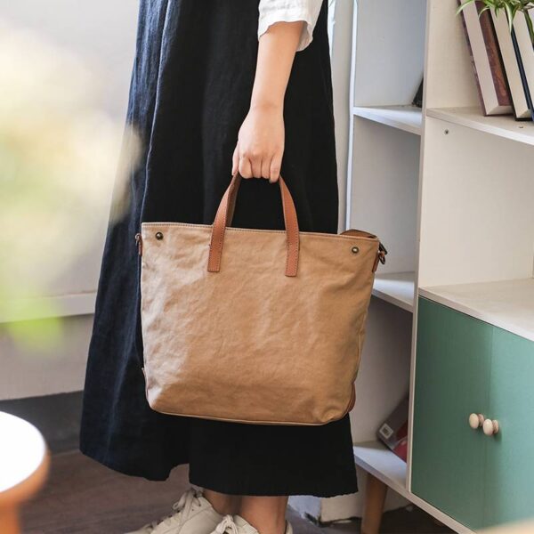 Kiyo Cotton Canvas Tote bag With Vegetable Tanned Leather Trim - Image 4