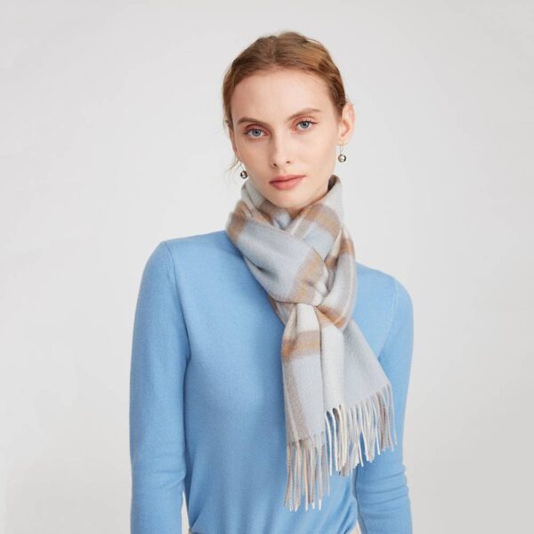 Yona Pure Cashmere Checked Tasseled Scarf - Blue - Image 4
