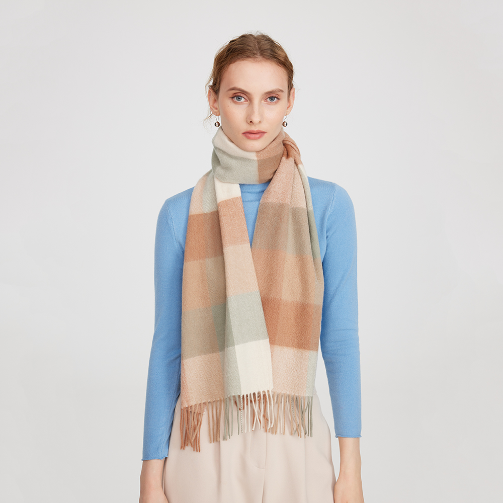 eva-192489 Eva Pure Cashmere Checked Tasseled Scarf - Laurel Green - Image 1