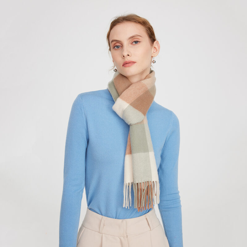 Eva Pure Cashmere Checked Tasseled Scarf - Laurel Green - Image 3