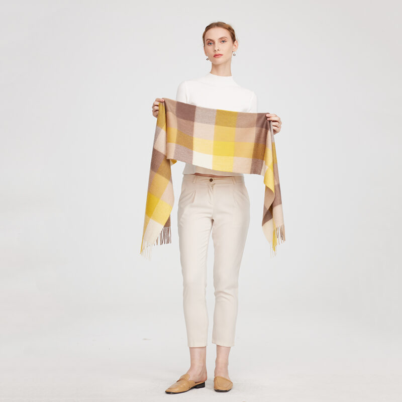 Eva Pure Cashmere Checked Tasseled Scarf - Yellow - Image 2