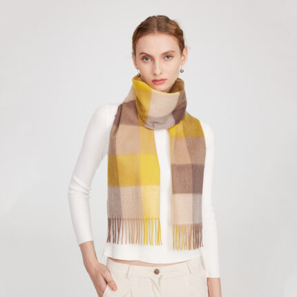 Eva Pure Cashmere Checked Tasseled Scarf - Yellow