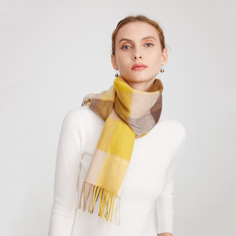 Eva Pure Cashmere Checked Tasseled Scarf - Yellow - Image 3
