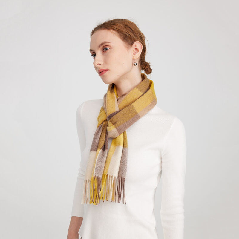 Eva Pure Cashmere Checked Tasseled Scarf - Yellow - Image 4