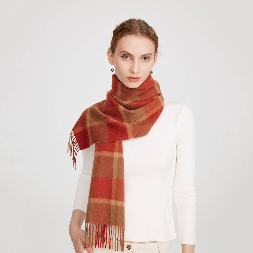 Mirel Pure Cashmere Check Tasseled Scarf - Chili Red